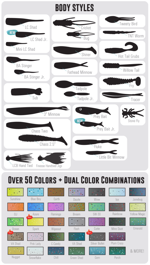 All bait and color options for Lake County Baits